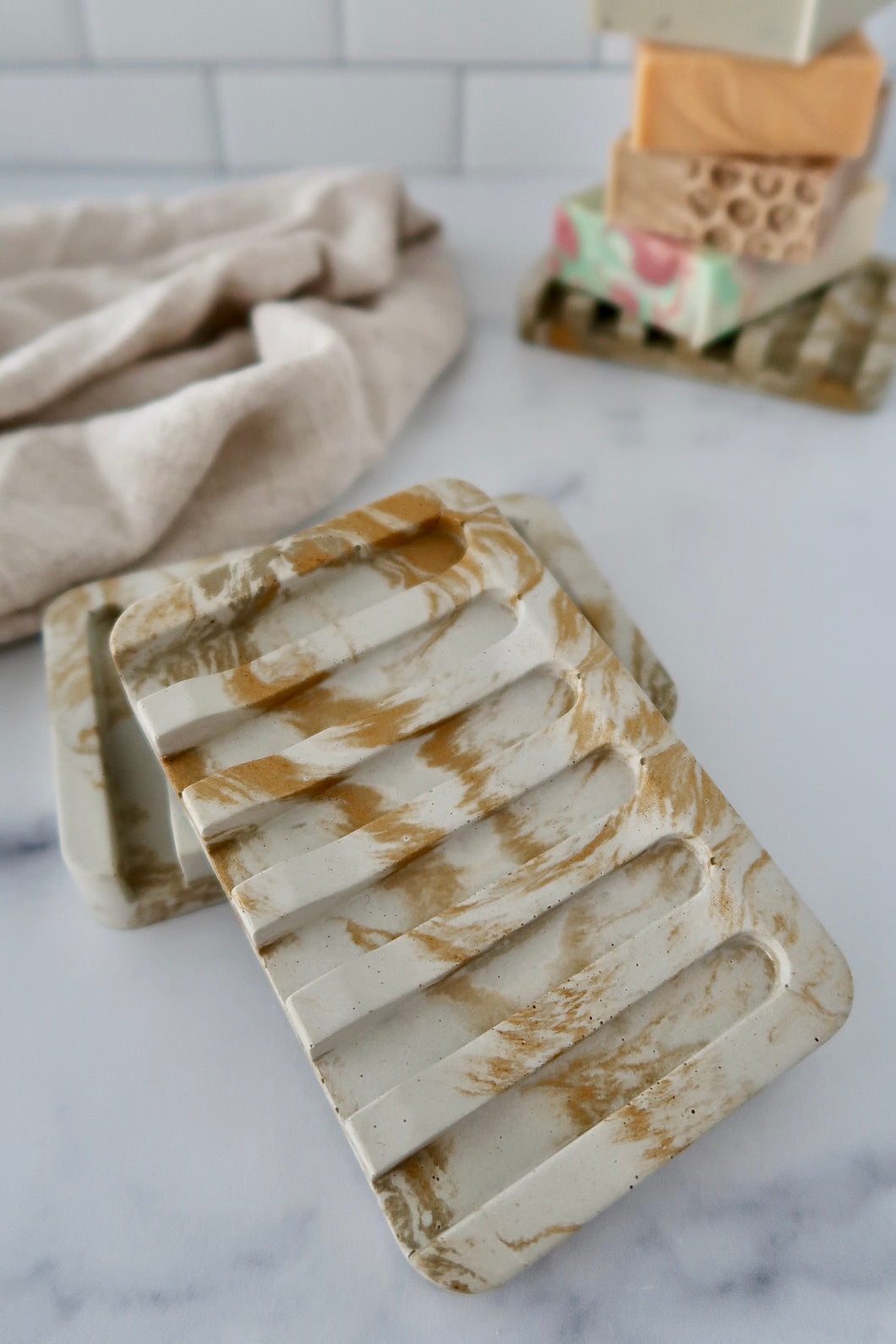 Hand-poured Concrete Soap dish with gold marbling 