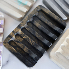Load image into Gallery viewer, Black &amp; Gold Marbled Concrete Soap Dish