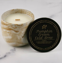 Load image into Gallery viewer, Pumpkin Cream Cold Brew Candle in Gold Marbled colored vessel