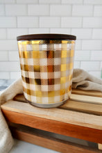 Load image into Gallery viewer, Farmhouse Flannel Wooden wick candle in gold plaid glass jar