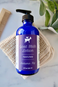 Autumn Fig Goat Milk Lotion in Blue Glass pump bottle