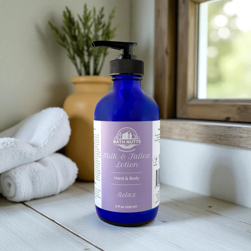 Bath Nutts Relax lotion in blue bottle on wooden surface with blurred background 