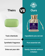 Load image into Gallery viewer, Comparison chart between 'Theirs' soap with toxic chemicals and 'Ours' soap with pure essential oils.